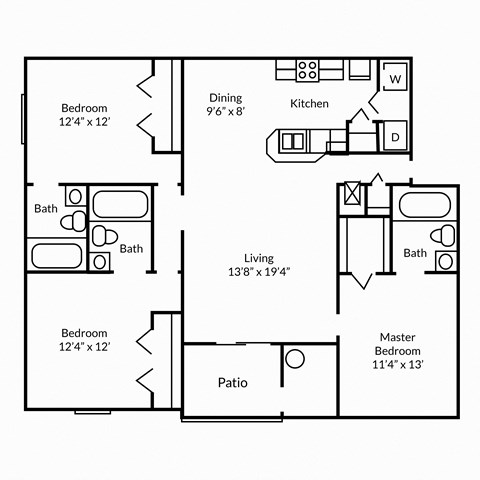 Floor plan for 3 beds, 3 baths, 1341 sqft